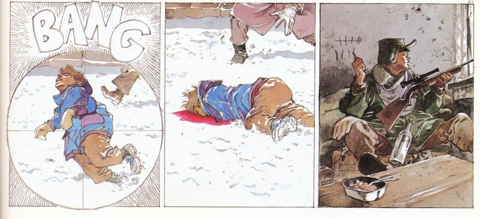 Through a sniper's scope a child is shot down. The next panel shows him bleeding in the snow. The third, a sniper adding another notch to his tally.
